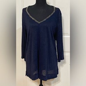 Juicy Couture Blue Knit Sweater Top Cold Shoulder Bling V-Neck Women’s Sz XL